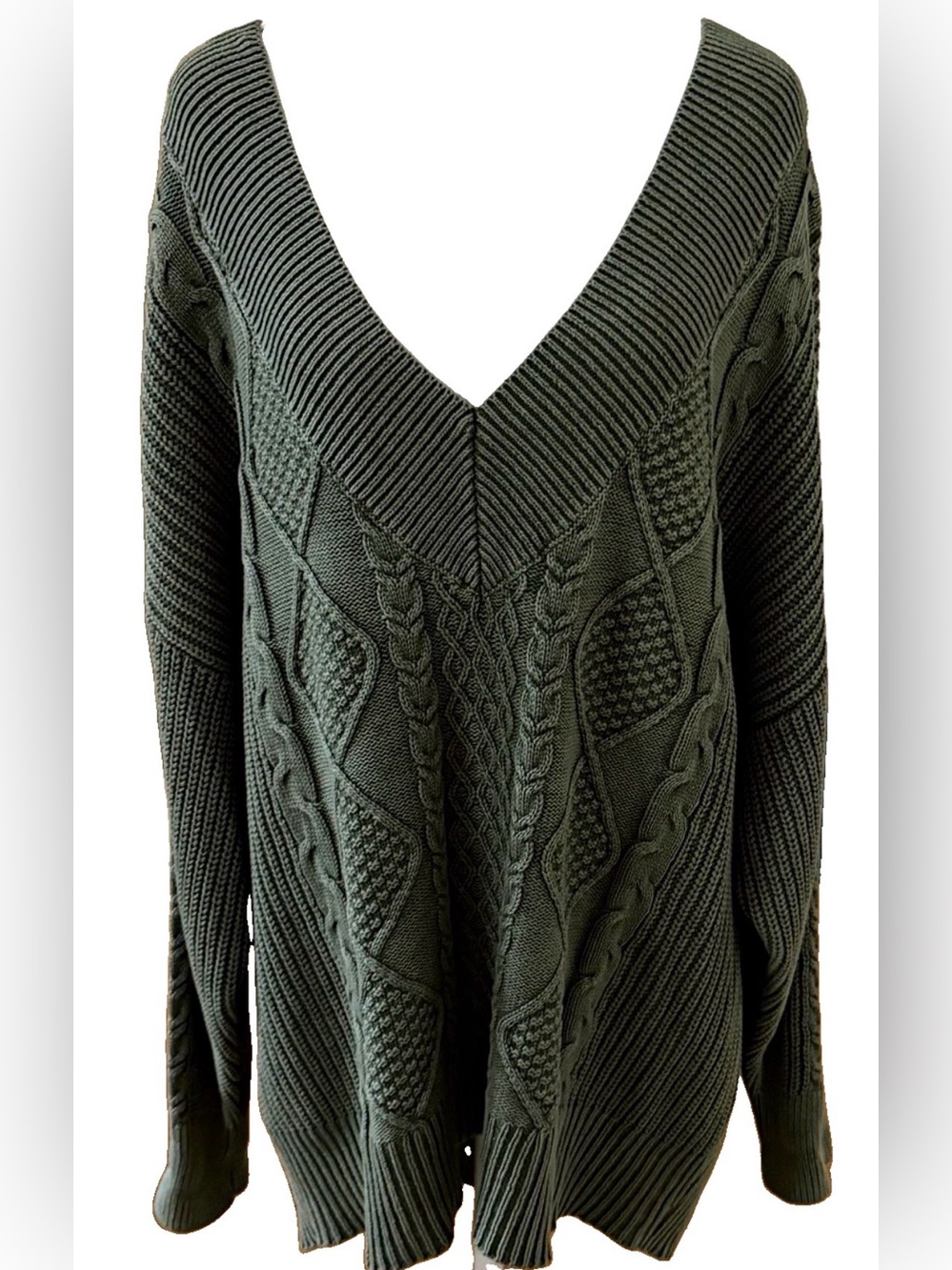NWOT Aerie Green Cable Knit V-Neck 100% Cotton Long Sleeve Sweater Women’s XXL